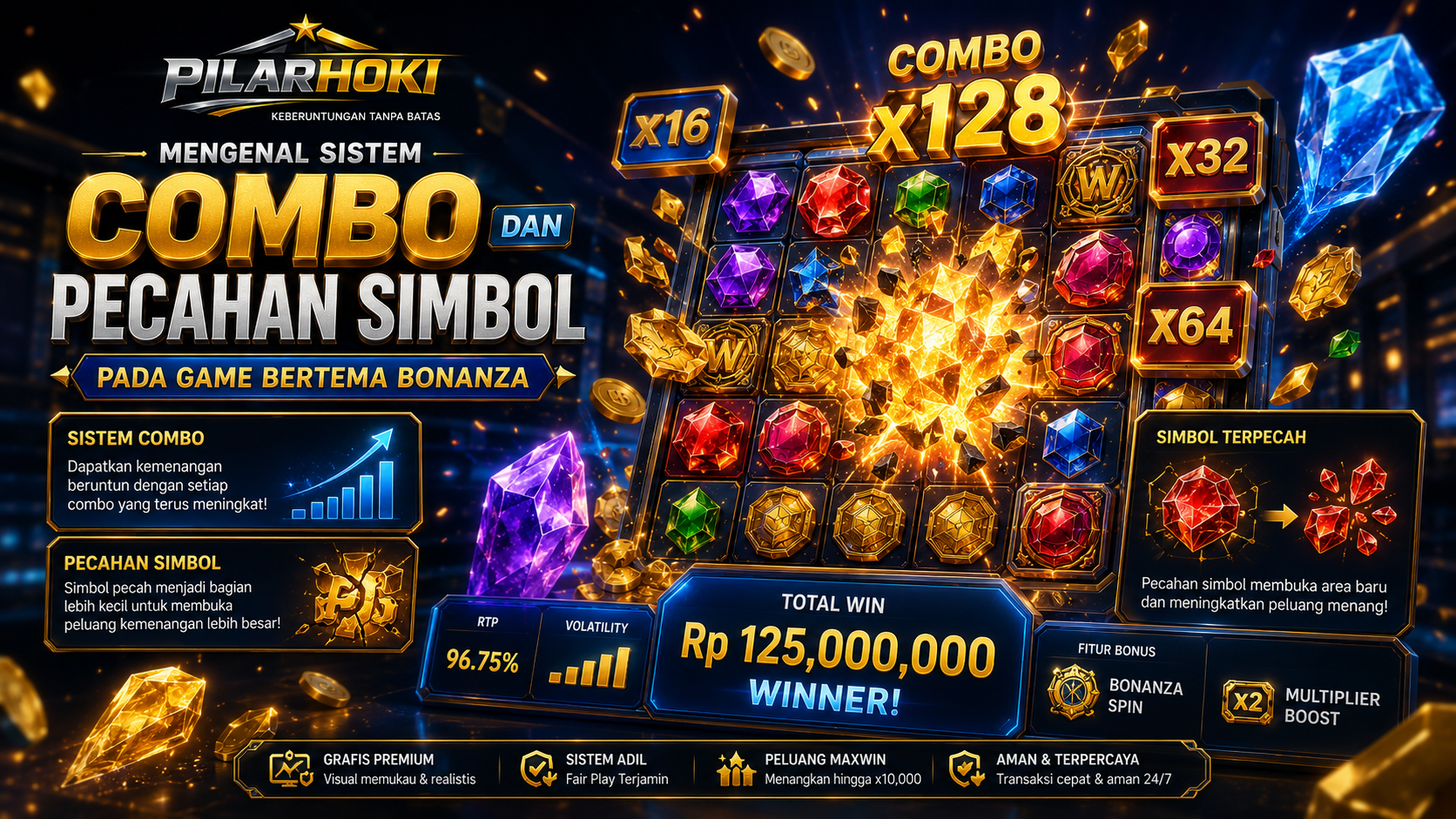 PILARHOKI mengenal sistem combo dan pecahan simbol pada game bertema Bonanza dengan nuansa emas dan tampilan modern